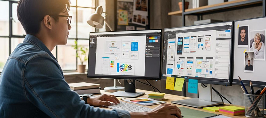 Designer working through interface layouts across two monitors covered in sticky notes