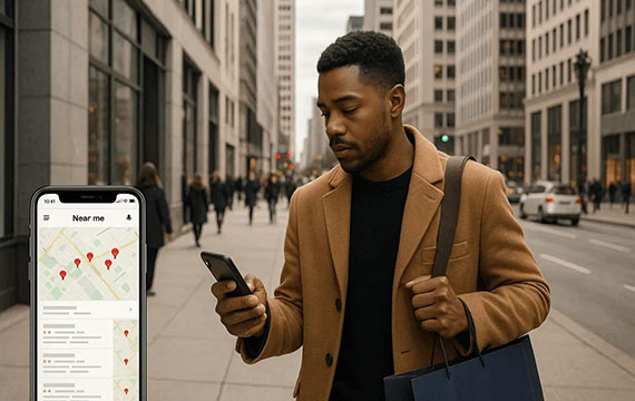 Man on a city sidewalk searching a map on his phone for nearby businesses