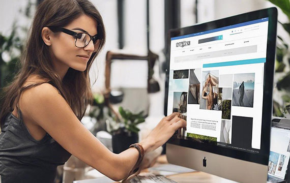 Woman updating a website layout on a desktop monitor